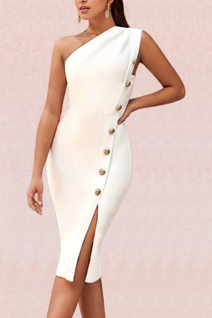 Woman wearing a figure flattering  Mel Bodycon Midi Dress - Pearl White BODYCON COLLECTION