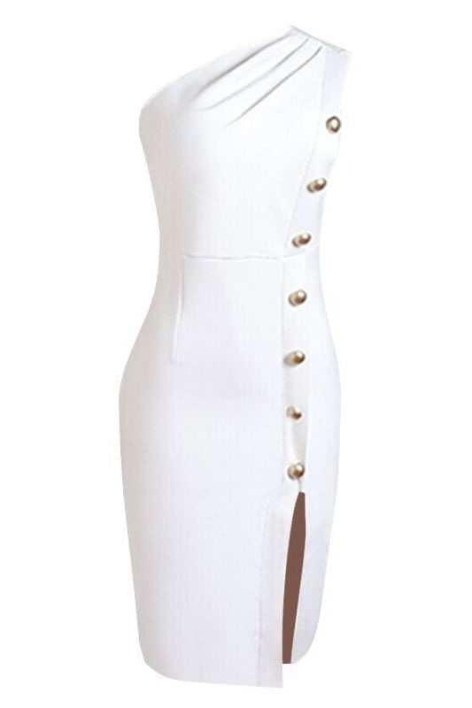 Woman wearing a figure flattering  Mel Bodycon Midi Dress - Pearl White BODYCON COLLECTION
