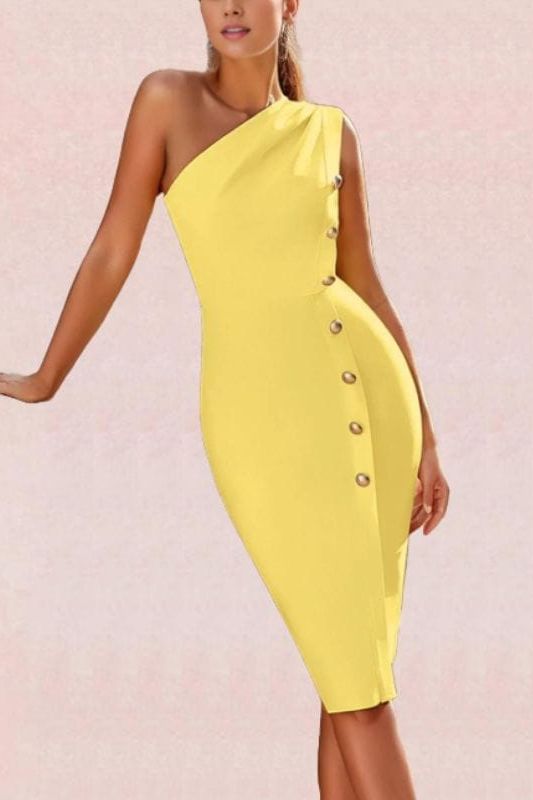 Woman wearing a figure flattering  Mel Bodycon Midi Dress - Sun Yellow BODYCON COLLECTION