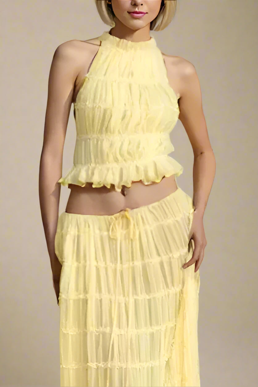 Woman wearing a figure flattering  Meryl Wrap Top and Maxi Skirt Set - Butter Yellow BODYCON COLLECTION