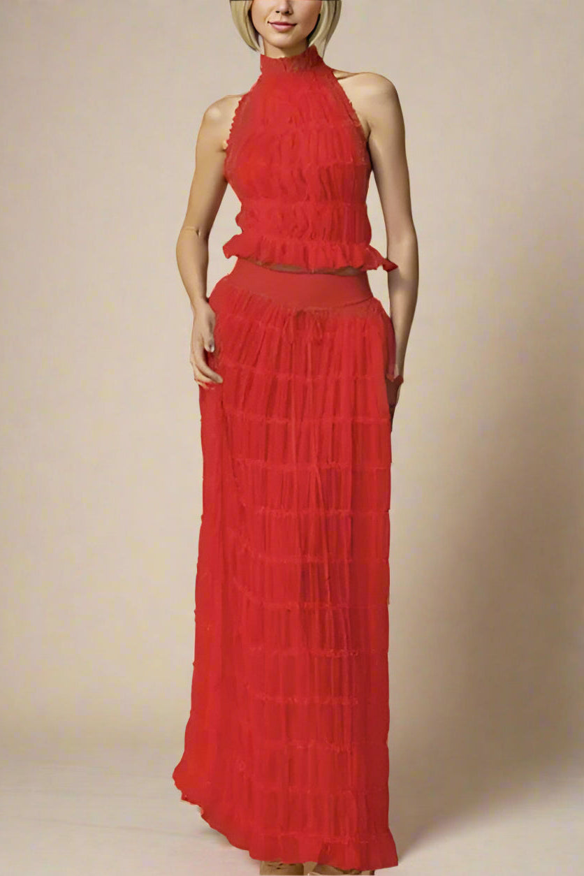 Woman wearing a figure flattering  Meryl Wrap Top and Maxi Skirt Set - Chilli Red BODYCON COLLECTION
