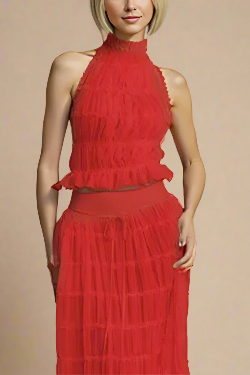 Woman wearing a figure flattering  Meryl Wrap Top and Maxi Skirt Set - Chilli Red BODYCON COLLECTION