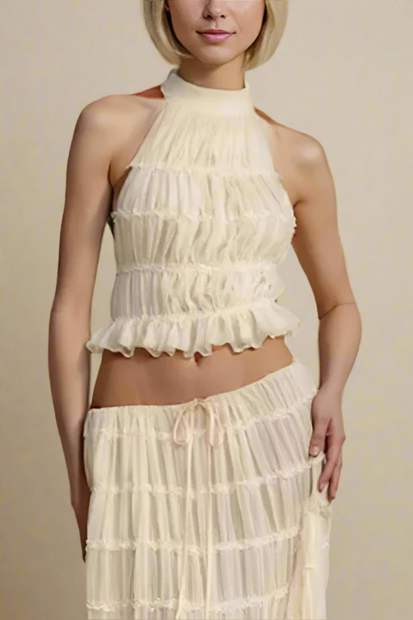 Woman wearing a figure flattering  Meryl Wrap Top and Maxi Skirt Set - Cream BODYCON COLLECTION