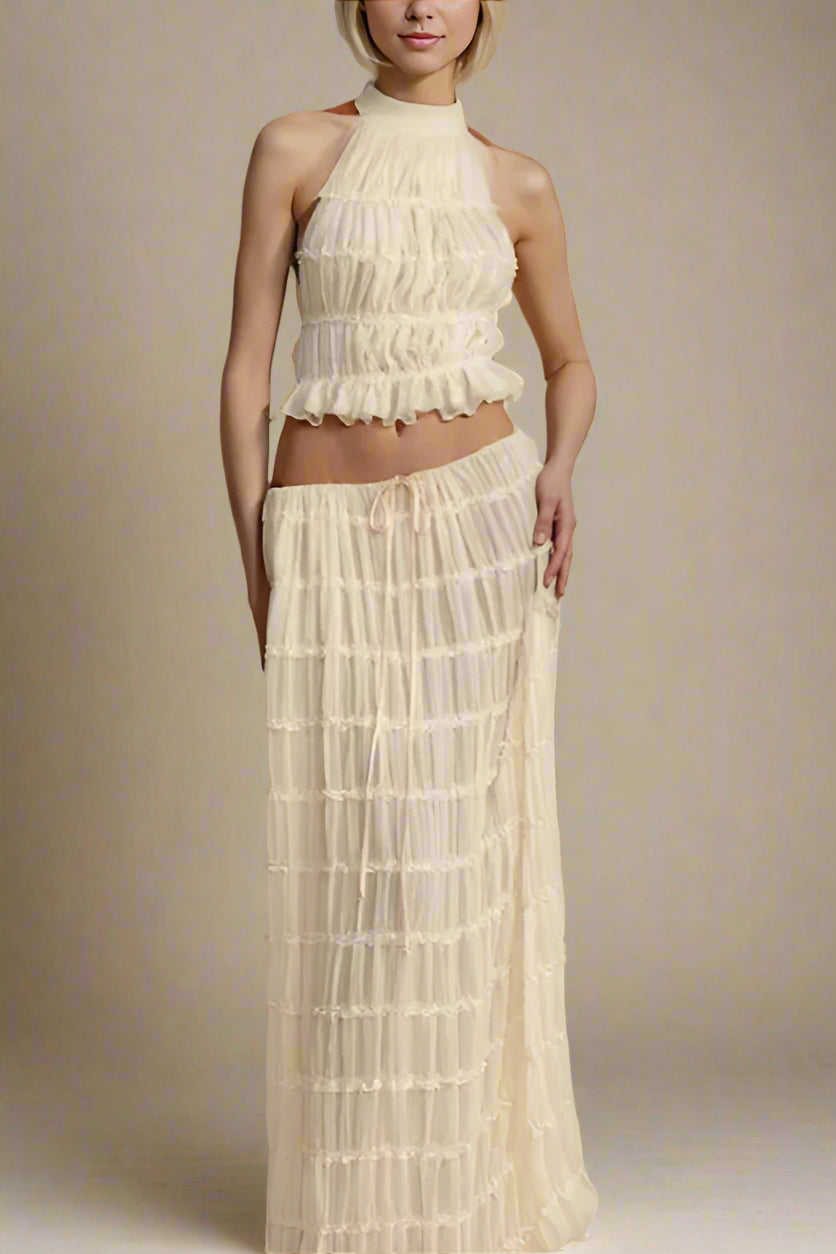 Woman wearing a figure flattering  Meryl Wrap Top and Maxi Skirt Set - Cream BODYCON COLLECTION