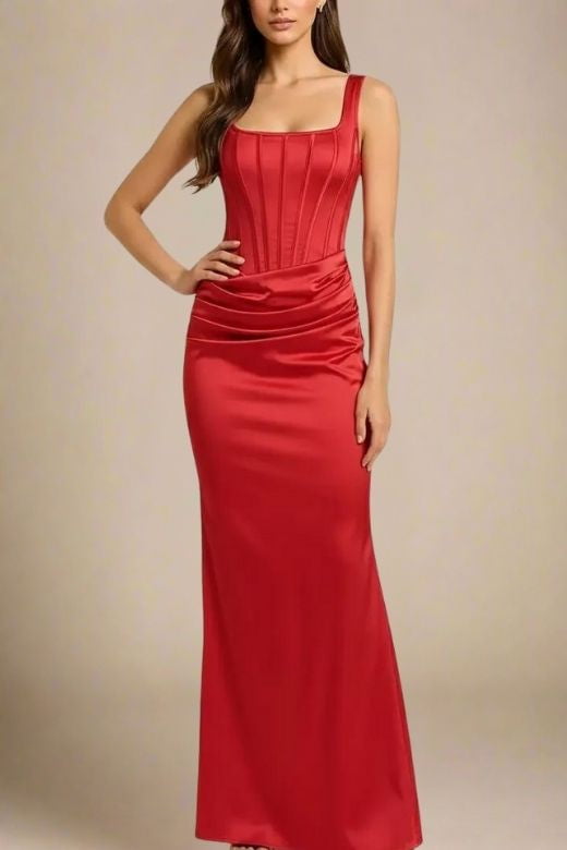 Woman wearing a figure flattering  Mila Bodycon Wrap Maxi Dress - Lipstick Red BODYCON COLLECTION Pty Ltd