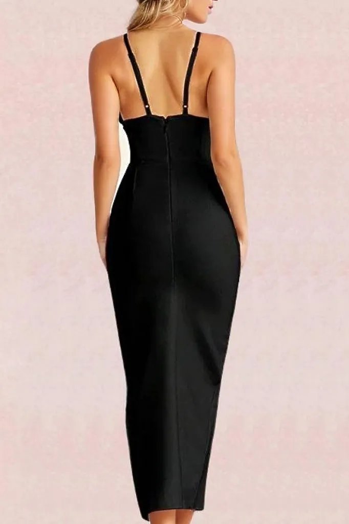 Woman wearing a figure flattering  Milan Bandage Midi Dress - Classic Black BODYCON COLLECTION