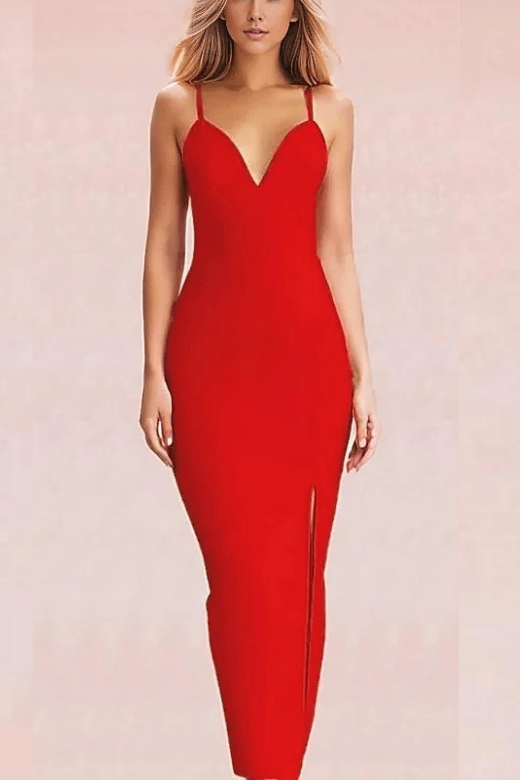 Woman wearing a figure flattering  Milan Bandage Midi Dress - Lipstick Red BODYCON COLLECTION