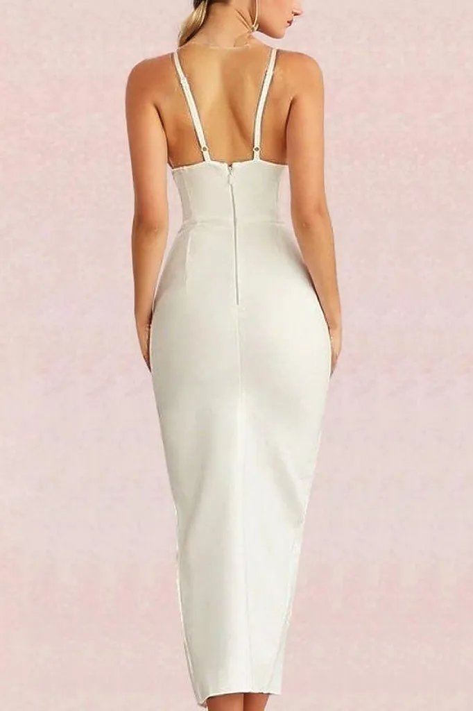 Woman wearing a figure flattering  Milan Bandage Midi Dress - Pearl White BODYCON COLLECTION