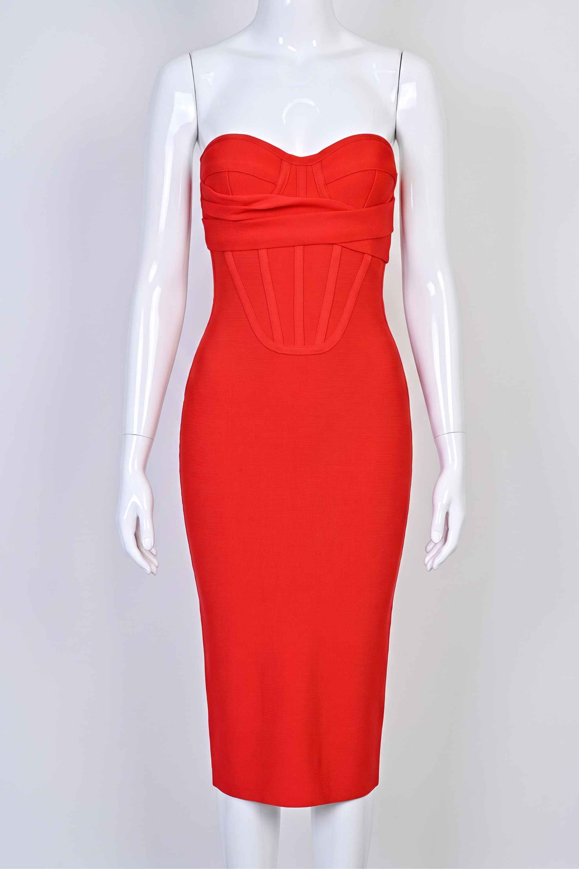 Woman wearing a figure flattering  Miles Bodycon Midi Dress - Lipstick Red BODYCON COLLECTION