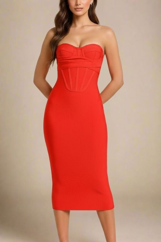 Woman wearing a figure flattering  Miles Bodycon Midi Dress - Lipstick Red BODYCON COLLECTION