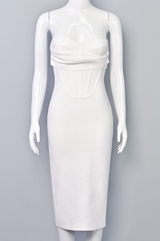 Woman wearing a figure flattering  Miles Bodycon Midi Dress - Pearl White BODYCON COLLECTION
