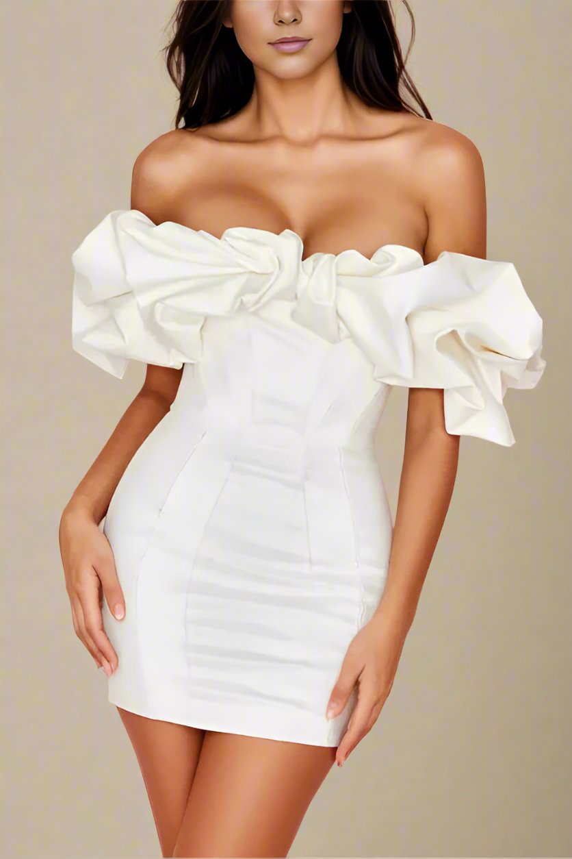 Woman wearing a figure flattering  Minnie Bodycon Mini Dress - Pearl White BODYCON COLLECTION