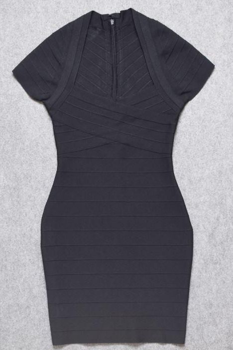 Woman wearing a figure flattering  Miranda Bandage Mini Dress - Classic Black Bodycon Collection