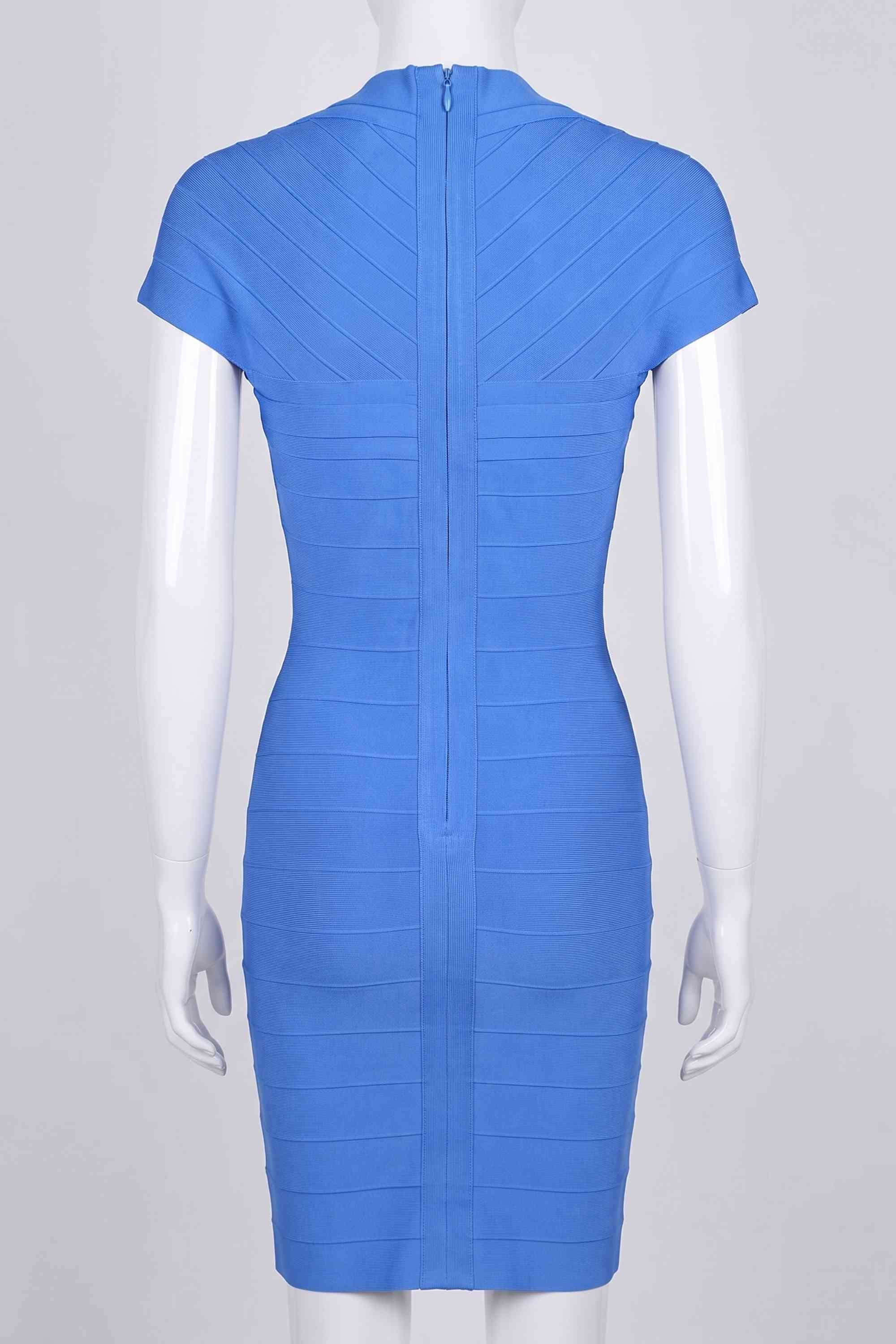 Woman wearing a figure flattering  Miranda Bandage Mini Dress - Royal Blue Bodycon Collection