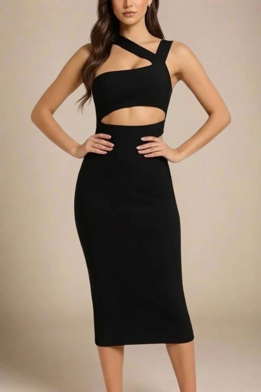 Woman wearing a figure flattering  Molly Bandage Midi Dress - Classic Black BODYCON COLLECTION