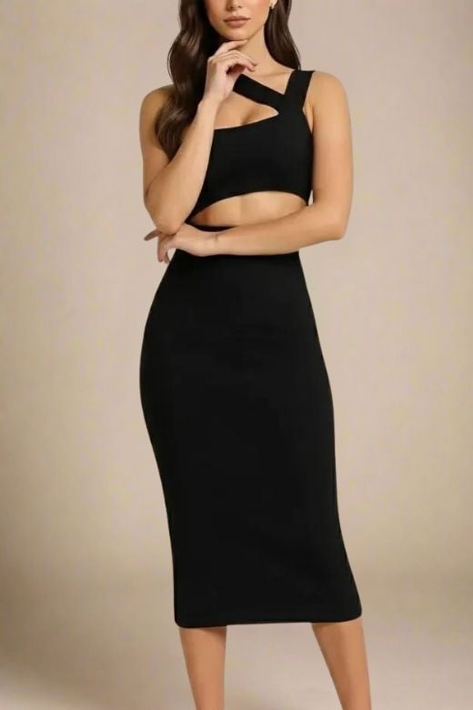 Woman wearing a figure flattering  Molly Bandage Midi Dress - Classic Black BODYCON COLLECTION