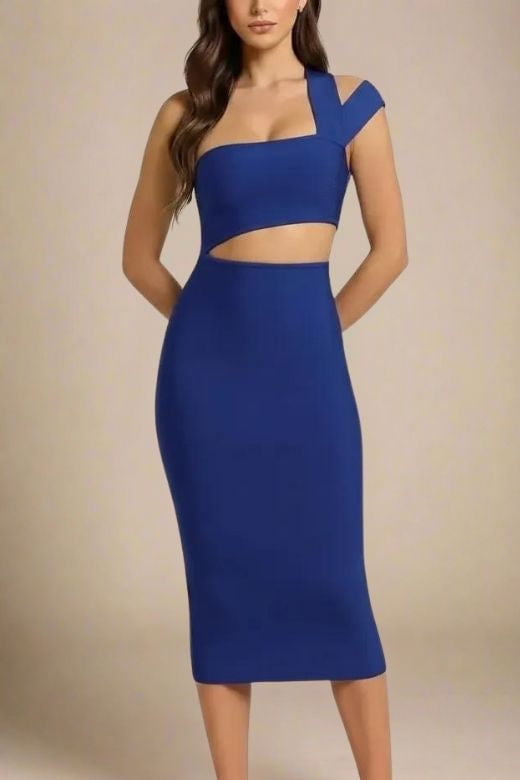 Woman wearing a figure flattering  Molly Bandage Midi Dress - Navy Blue BODYCON COLLECTION