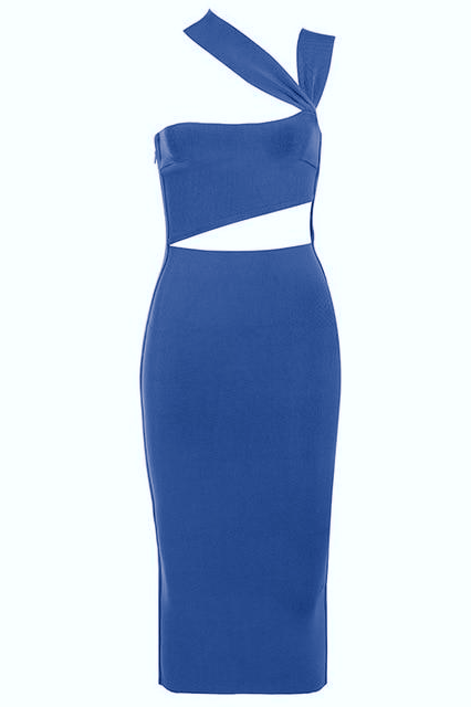 Woman wearing a figure flattering  Molly Bandage Midi Dress - Navy Blue BODYCON COLLECTION