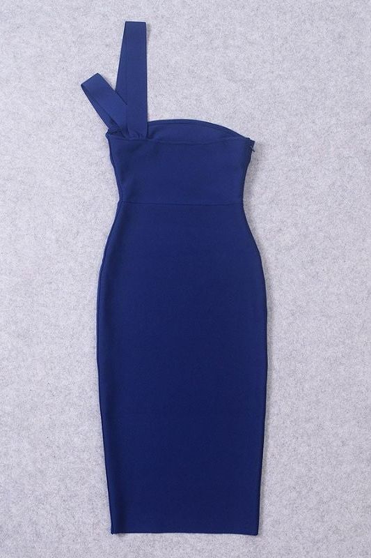 Woman wearing a figure flattering  Molly Bandage Midi Dress - Navy Blue BODYCON COLLECTION