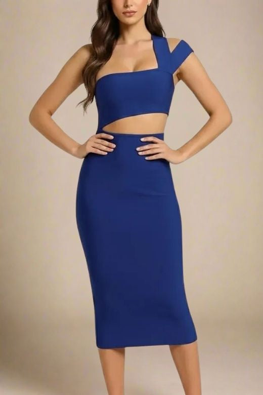 Woman wearing a figure flattering  Molly Bandage Midi Dress - Navy Blue BODYCON COLLECTION