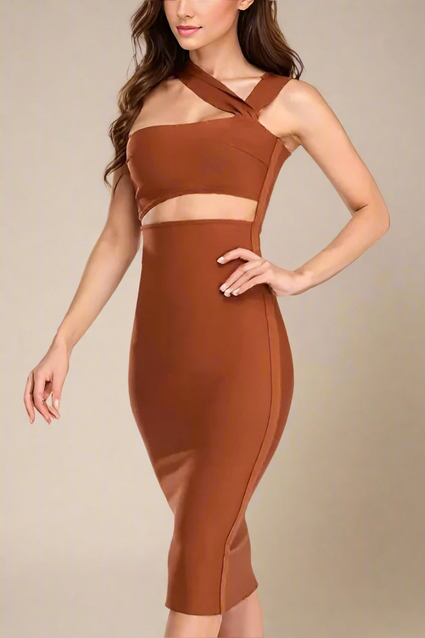 Woman wearing a figure flattering  Molly Bandage Midi Dress - Tan Brown BODYCON COLLECTION