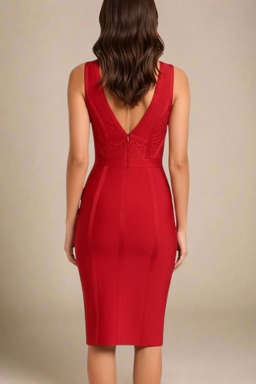 Woman wearing a figure flattering  Noa V Neck Bodycon Dress - Red Wine BODYCON COLLECTION