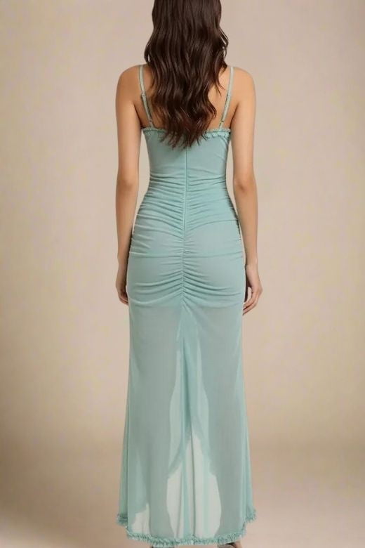 Woman wearing a figure flattering  Noah Bodycon Wrap Midi Dress - Tiffany Blue BODYCON COLLECTION