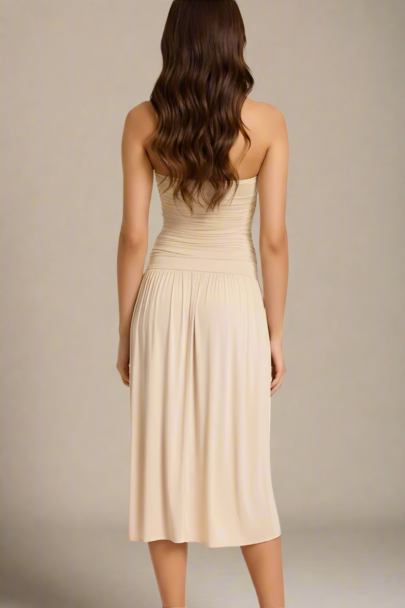 Woman wearing a figure flattering  North Bodycon Wrap Midi Dress - Beige BODYCON COLLECTION Pty Ltd