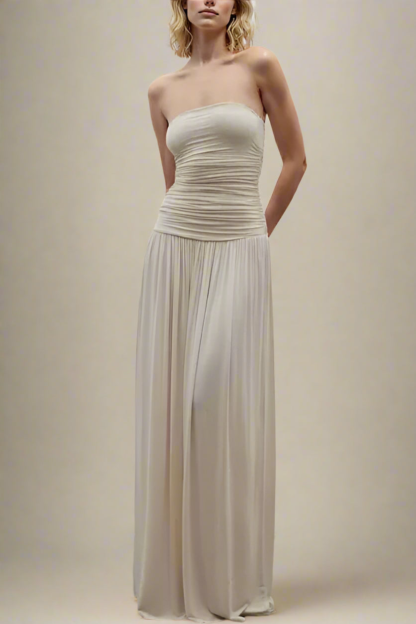 Woman wearing a figure flattering  North Wrap Maxi Dress - Beige BODYCON COLLECTION Pty Ltd