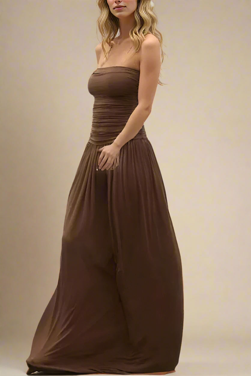 Woman wearing a figure flattering  North Wrap Maxi Dress - Chocolate Brown BODYCON COLLECTION Pty Ltd