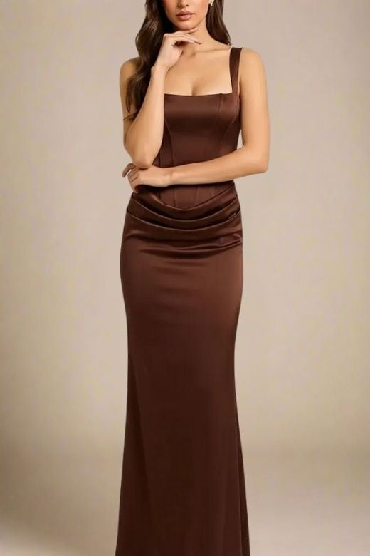 Woman wearing a figure flattering  Nova Bodycon Wrap Maxi Dress - Coffee Brown BODYCON COLLECTION Pty Ltd