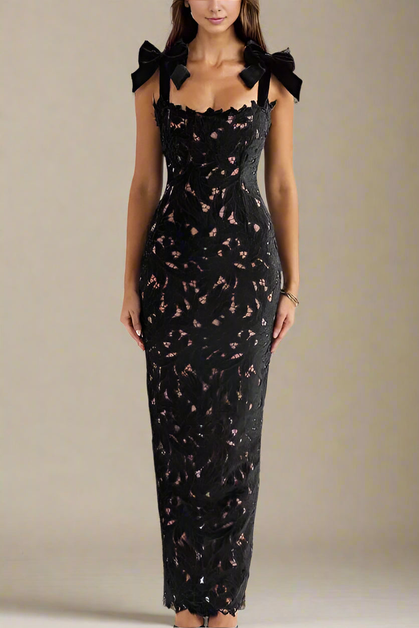 Woman wearing a figure flattering  Odette Bodycon Lace Maxi Dress - Classic Black BODYCON COLLECTION