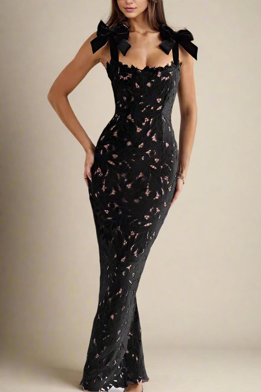 Woman wearing a figure flattering  Odette Bodycon Lace Maxi Dress - Classic Black BODYCON COLLECTION