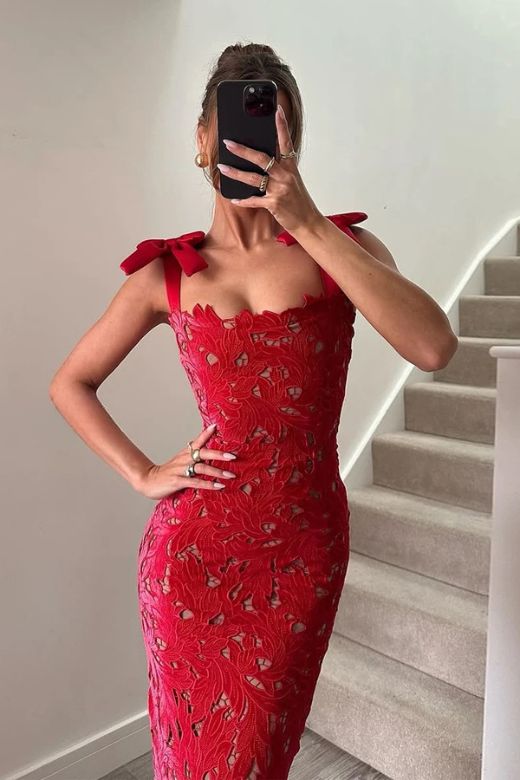 Woman wearing a figure flattering  Odette Bodycon Lace Maxi Dress - Lipstick Red BODYCON COLLECTION