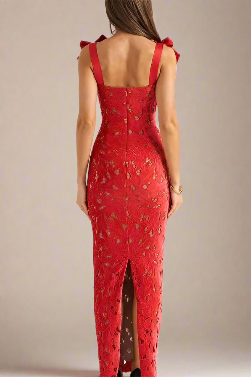 Woman wearing a figure flattering  Odette Bodycon Lace Maxi Dress - Lipstick Red BODYCON COLLECTION