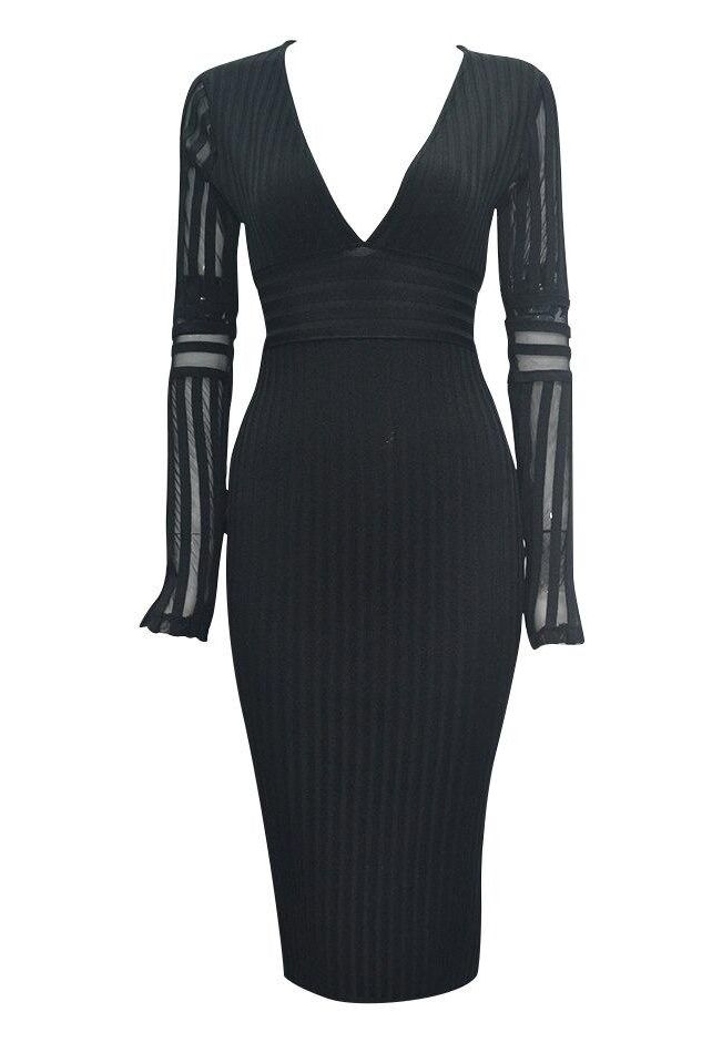 Woman wearing a figure flattering  Olivia Long Sleeve Bandage Midi Dress - Classic Black Bodycon Collection