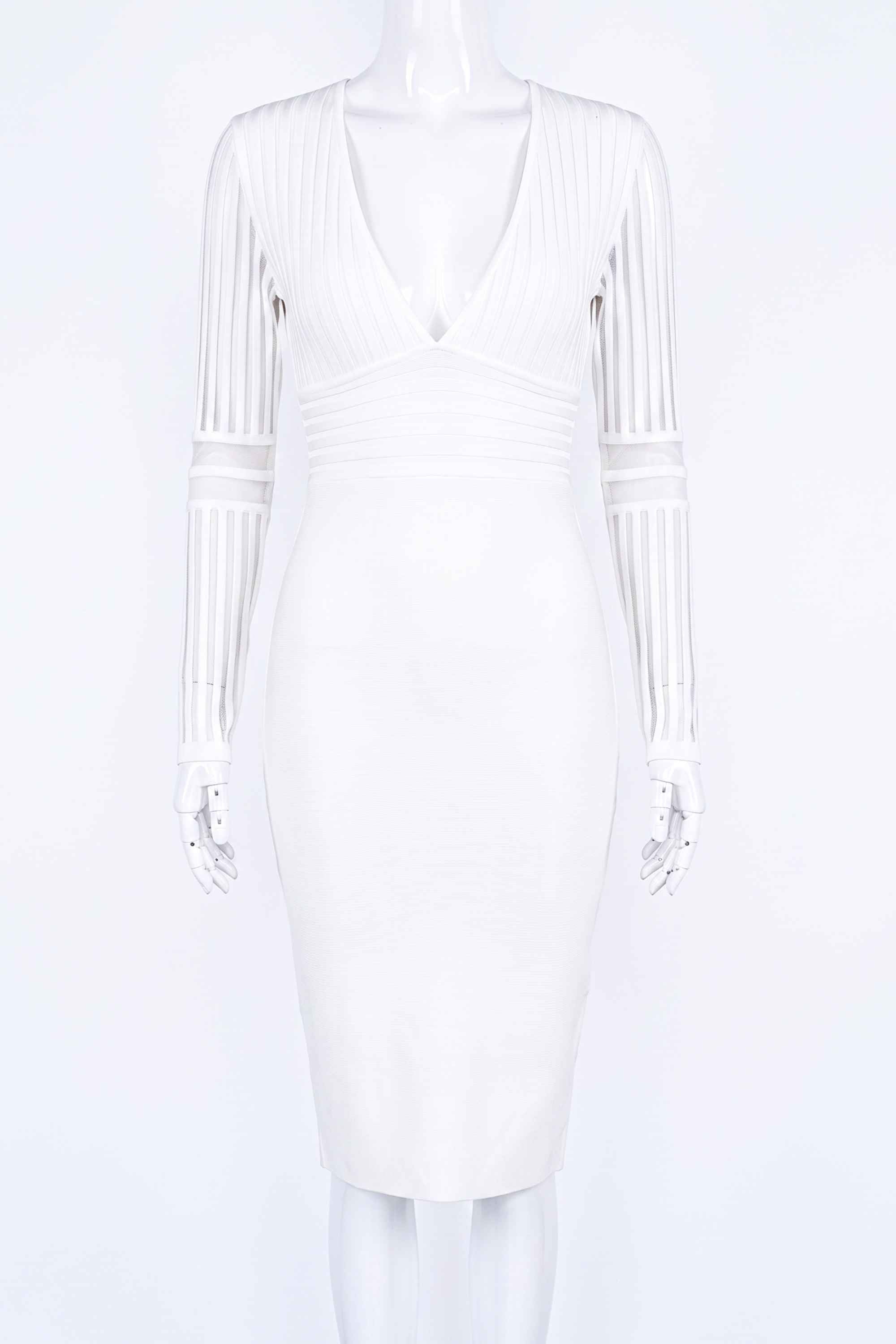 Woman wearing a figure flattering  Olivia Long Sleeve Bandage Midi Dress - Pearl White Bodycon Collection