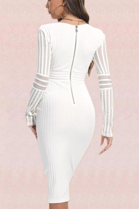 Woman wearing a figure flattering  Olivia Long Sleeve Bandage Midi Dress - Pearl White Bodycon Collection