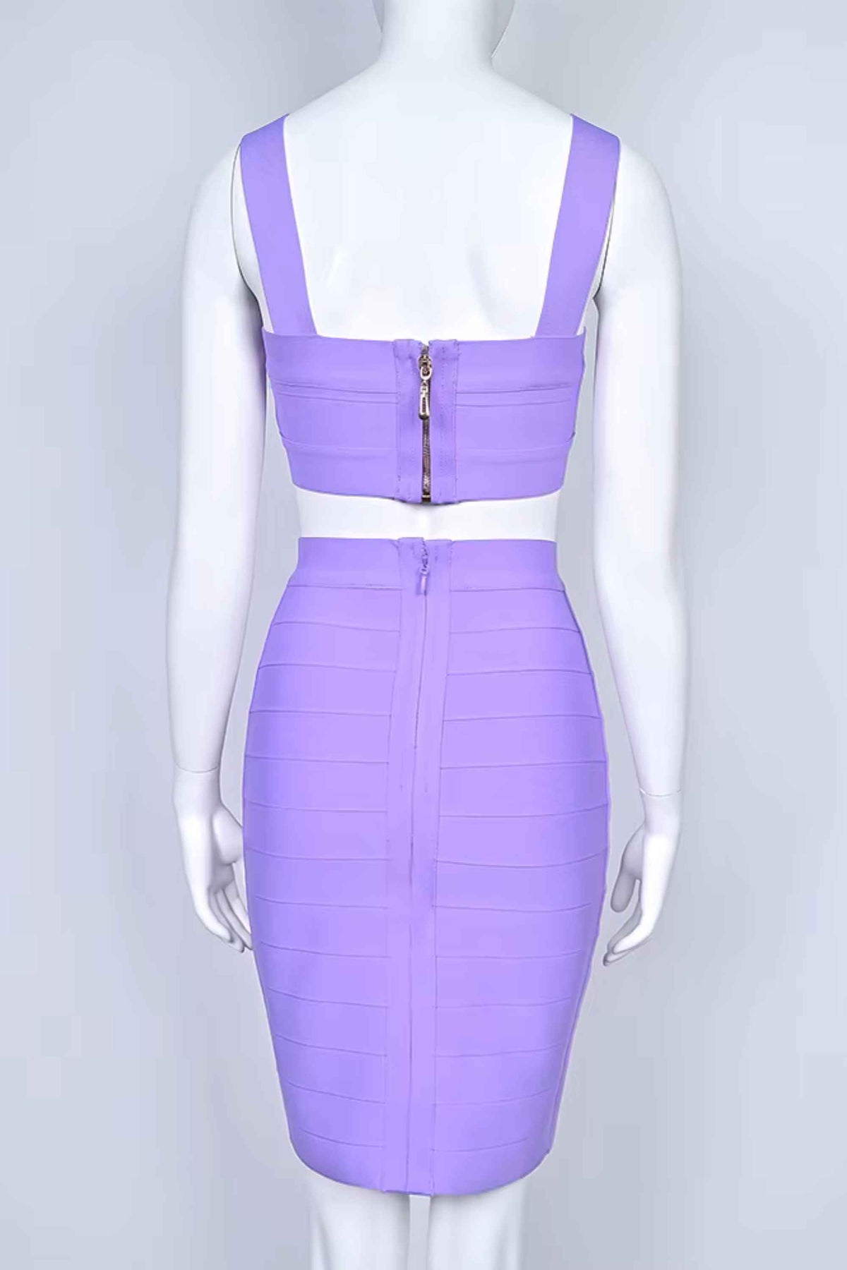 Woman wearing a figure flattering  Ophelia Bandage Crop Top and Skirt Set - Violet BODYCON COLLECTION Pty Ltd