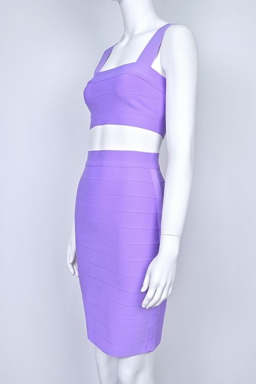 Woman wearing a figure flattering  Ophelia Bandage Crop Top and Skirt Set - Violet BODYCON COLLECTION Pty Ltd