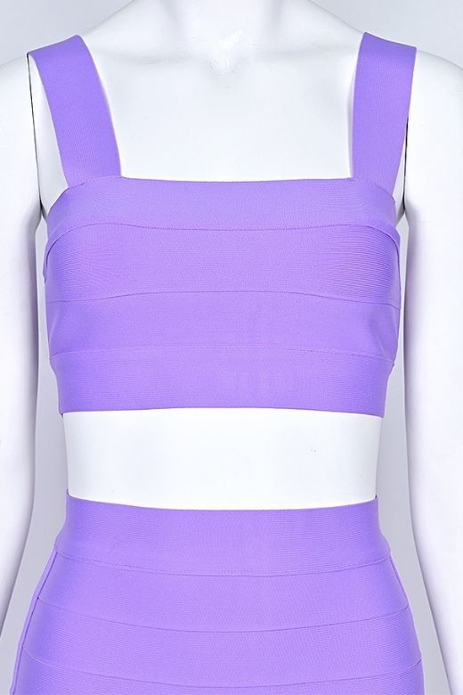 Woman wearing a figure flattering  Ophelia Bandage Crop Top and Skirt Set - Violet BODYCON COLLECTION Pty Ltd