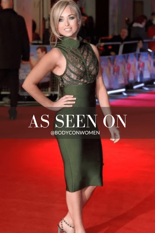 Woman wearing a figure flattering  Paige Bodycon Dress - Emerald Green BODYCON COLLECTION