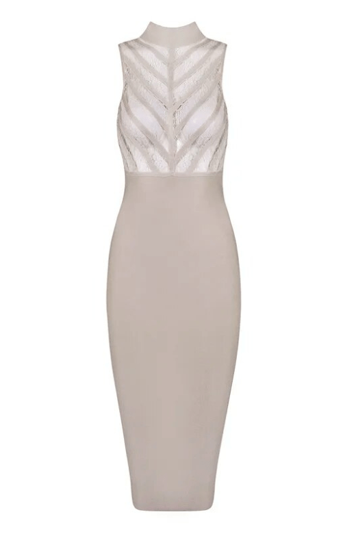 Woman wearing a figure flattering  Paige Bodycon Dress - Nude BODYCON COLLECTION