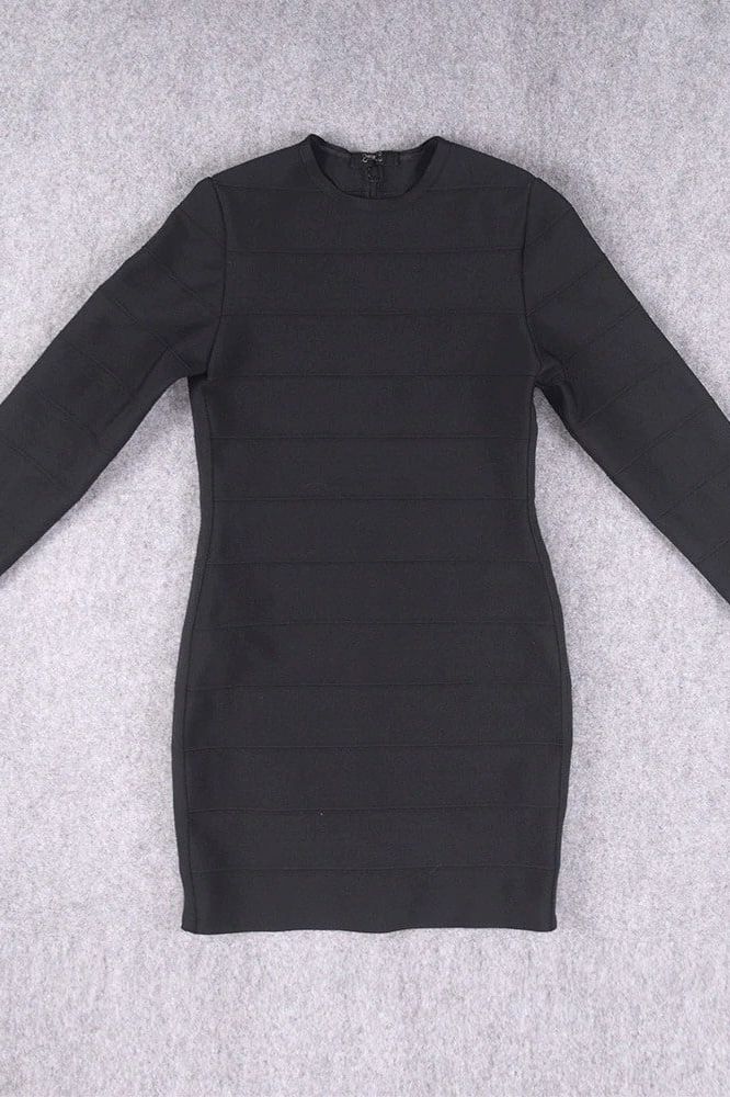Woman wearing a figure flattering  Pamela Long Sleeve Bandage Mini Dress - Classic Black BODYCON COLLECTION