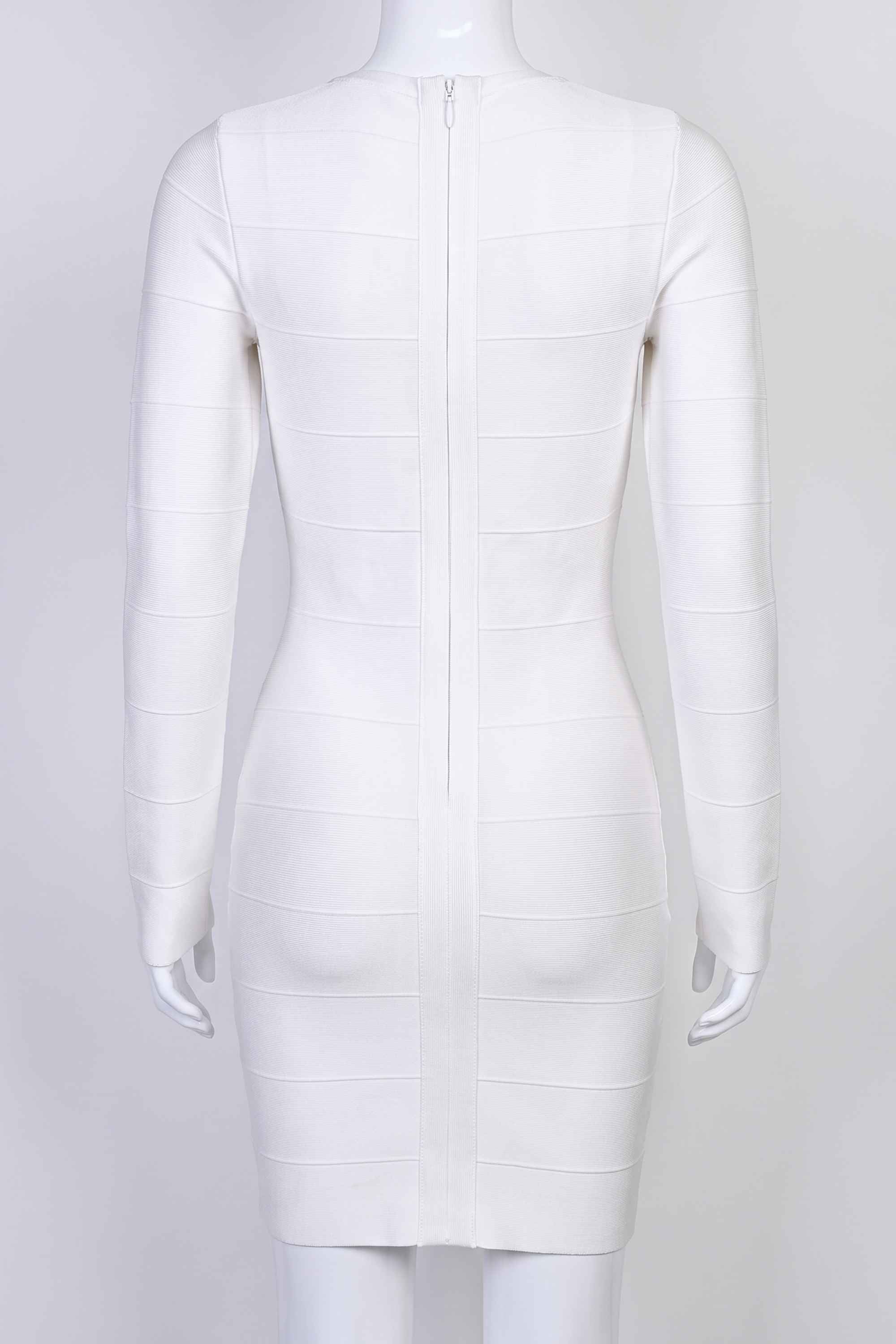Woman wearing a figure flattering  Pamela Long Sleeve Bandage Mini Dress - Pearl White BODYCON COLLECTION