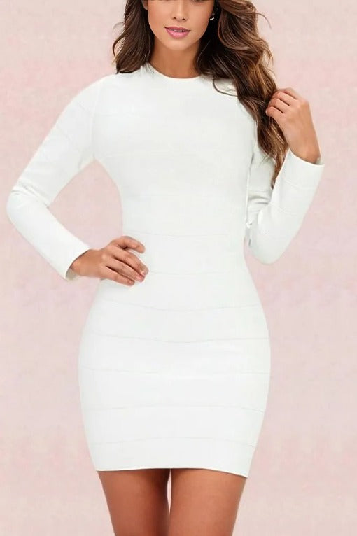 Woman wearing a figure flattering  Pamela Long Sleeve Bandage Mini Dress - Pearl White BODYCON COLLECTION