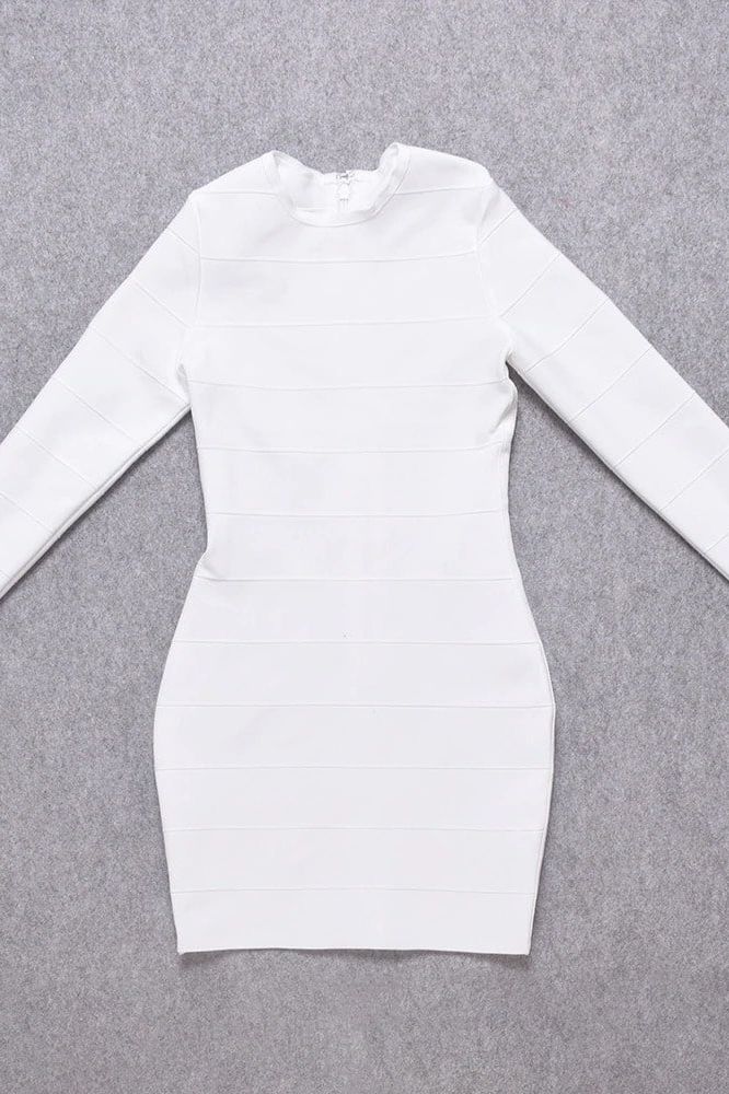 Woman wearing a figure flattering  Pamela Long Sleeve Bandage Mini Dress - Pearl White BODYCON COLLECTION