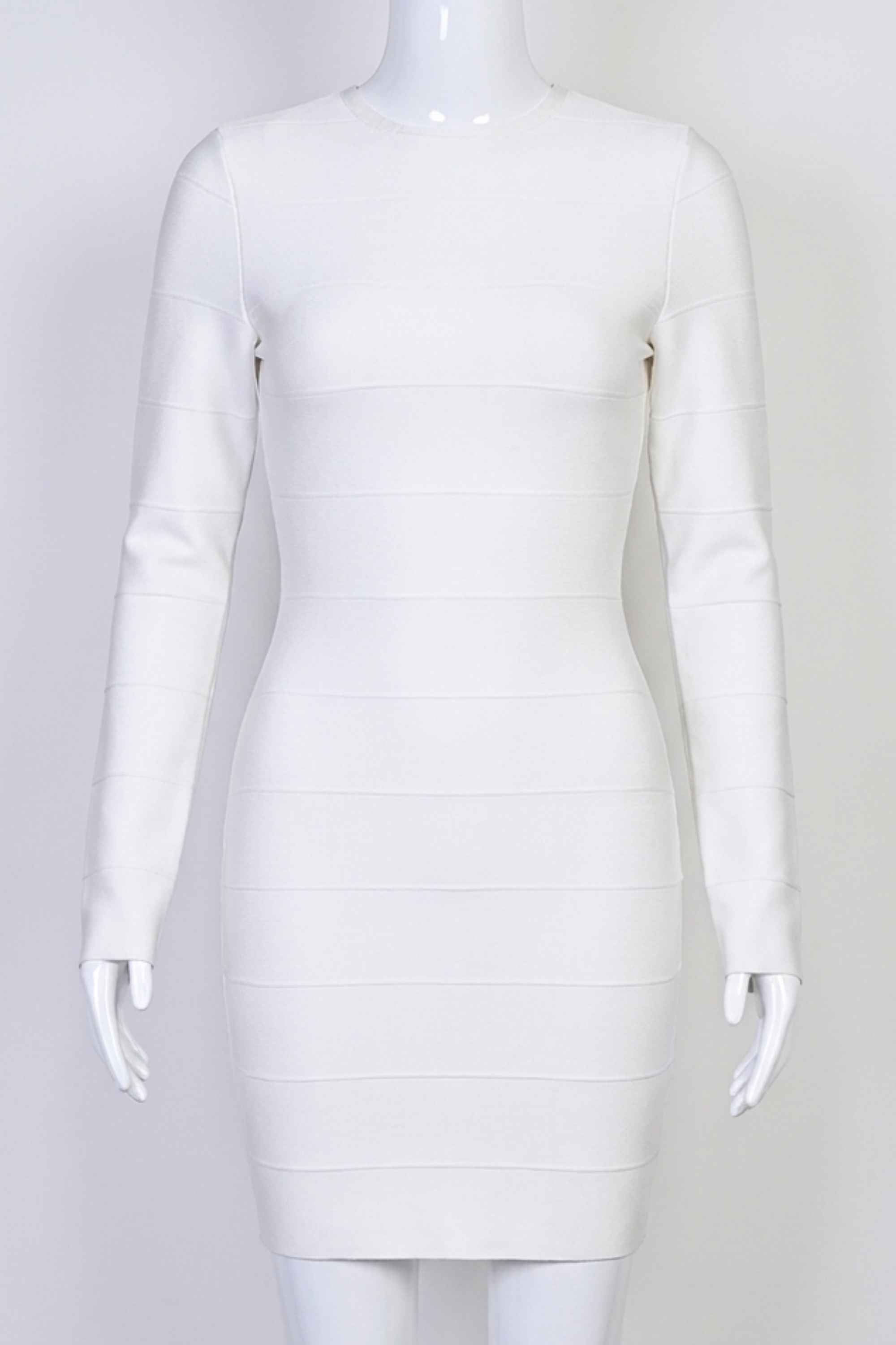 Woman wearing a figure flattering  Pamela Long Sleeve Bandage Mini Dress - Pearl White BODYCON COLLECTION