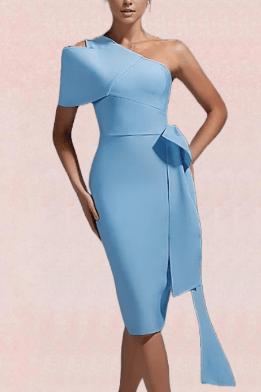 Woman wearing a figure flattering  Pav Bandage Midi Dress - Sky Blue BODYCON COLLECTION
