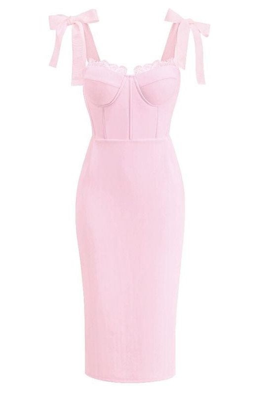Woman wearing a figure flattering  Payton Bandage Dress - Dusty Pink BODYCON COLLECTION